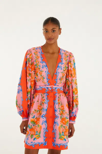 Farm Rio Orange Sicily Flowers Scarf Mini Dress In Multi