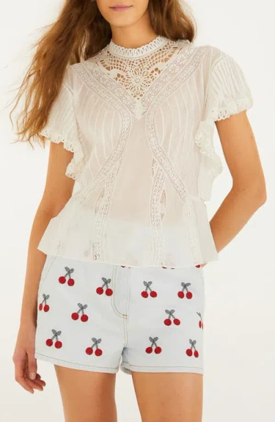 Farm Rio Organic Cotton Lace Inset Mock Neck Top In White