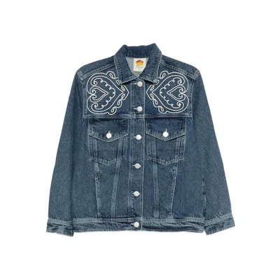 Farm Rio Denim Cornely Buttoned Embroidered Jacket In Blue
