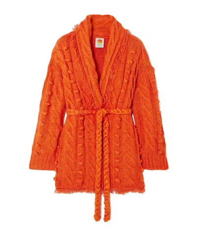 Farm Rio Oversized Cable Knit Cardigan With Frayed Edges And Tie Detail In Orange