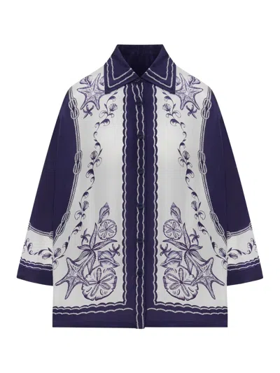 Farm Rio Oversized Shirt With Navy Blue Print In White