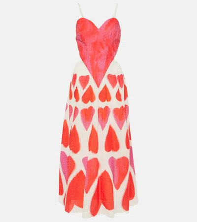 Farm Rio Painted Hearts Cotton Maxi Dress In Red