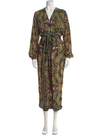 Pre-owned Farm Rio Paisley Print V-neck Jumpsuit In Green