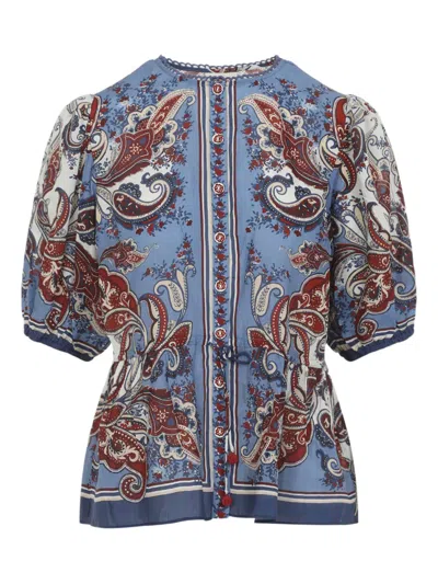 Farm Rio Blue Paisley Scarf Short Sleeve Blouse In Multi