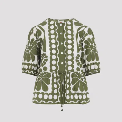 Farm Rio Palermo Drawstring Organic Cotton Blouse In Green
