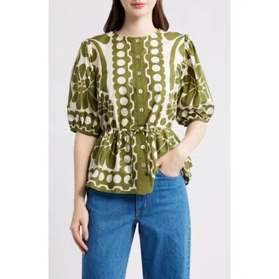 Farm Rio Palermo Floral Cotton Drawstring Waist Button-up Shirt In Green