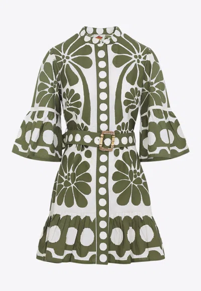 Farm Rio Palermo Printed Flounced Mini Dress In Green