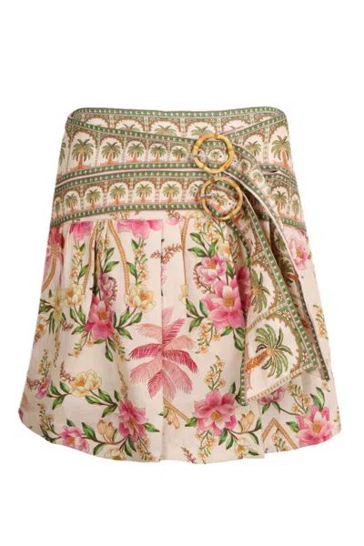Farm Rio Palm Dream Off-white Double Waistband Mini Skirt In Pink
