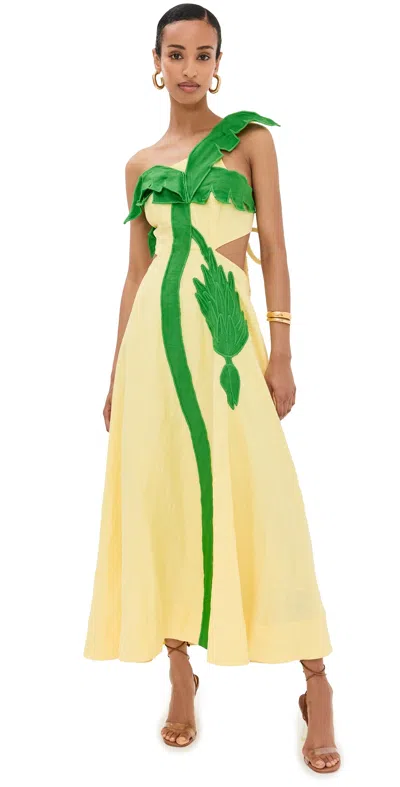 Farm Rio Palm Tree Cutwork Midi Dress Yellow In Multi