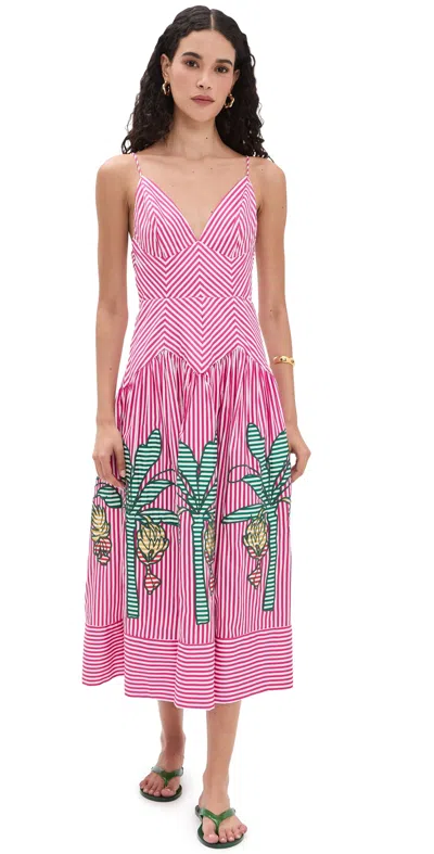 Farm Rio Palm Tree Cutwork Stripes Midi Dress Multi In Pink