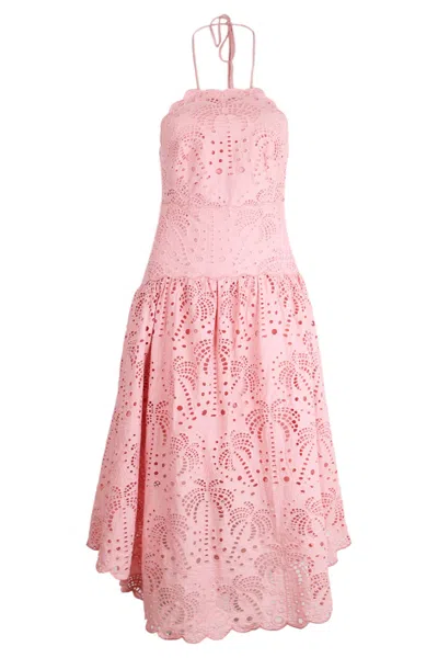 Farm Rio Palm Tree Eyelet Blush Pink Midi Dress Sleeveless