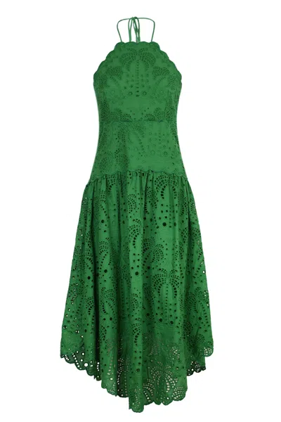Farm Rio Palm Tree Eyelet Green Midi Dress Sleeveless