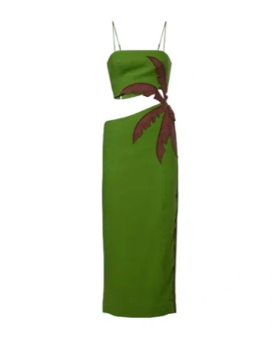 Farm Rio Palm Tree Linen-blend Midi Dress In Green