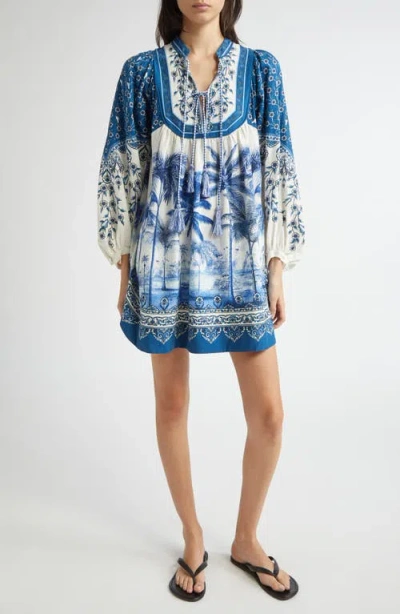 Farm Rio Palm Tree Print Linen Blend Tie Front Dress In White