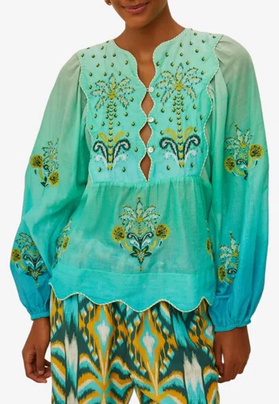 Farm Rio Palm Tree Tapestry Wavy Yoke Blouse In Turquoise