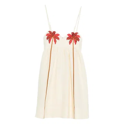 Farm Rio Off-white Coconut Tree Embroidered Euroflax Premium Linen Mini Dress