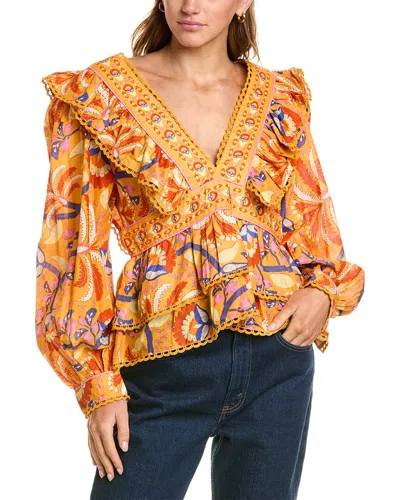 Farm Rio Palms Party Ruffled Blouse In Orange