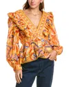 Farm Rio Yellow Palms Party Ruffle Blouse In Yellow