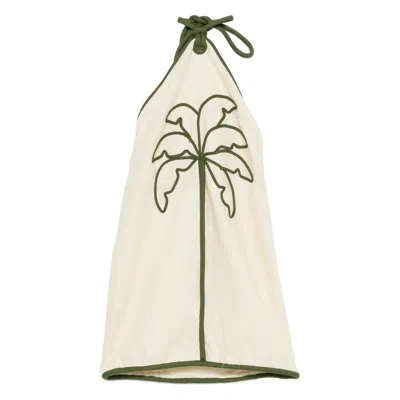 Farm Rio Sand Coconut Embroidery Halter Neck Euroflax Premium Linen Mini Dress In White