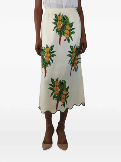Pre-owned Farm Rio Parrot-print Scalloped Midi Skirt In Neutral