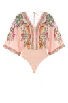Farm Rio Pastel Pink Cotton Blend Bodysuit In Gold