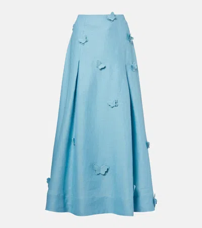 Farm Rio Patch-appliqué Linen Midi Skirt In Blue