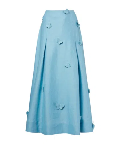 Farm Rio Patch-appliqué Linen Midi Skirt In Blue