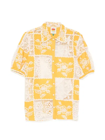 Farm Rio Patchwork Floral-embroidered Shirt In Yellow