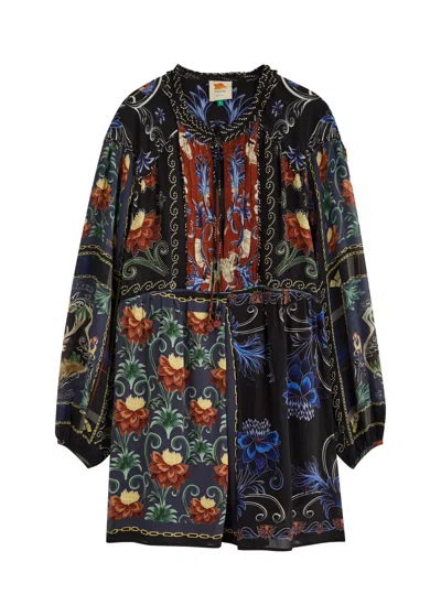Farm Rio Patchwork-print Georgette Mini Dress In Black