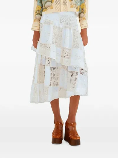 Farm Rio Patchwork-lace Tiered Midi Skirt In White