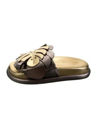 Pre-owned Farm Rio Patent Leather Floral Print Slides In Gold
