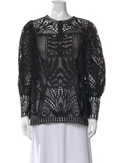 Pre-owned Farm Rio Patterned Crew Neck Blouse In Black