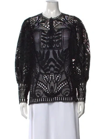 Pre-owned Farm Rio Patterned Crew Neck Blouse In Black