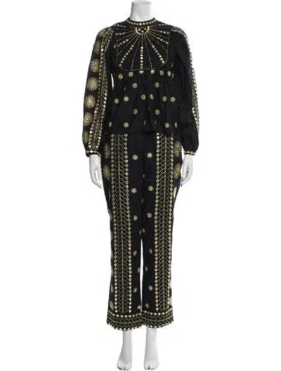 Pre-owned Farm Rio Patterned Crystal Embellishments Pant Set In Black