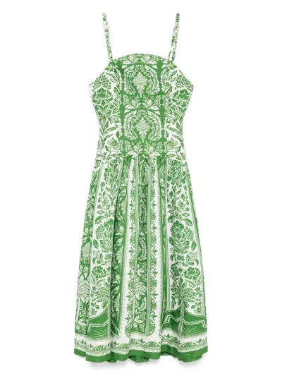 Farm Rio Green Delicate Tapestry Euroflax Premium Linen Midi Dress In Delicate Tapestry Green