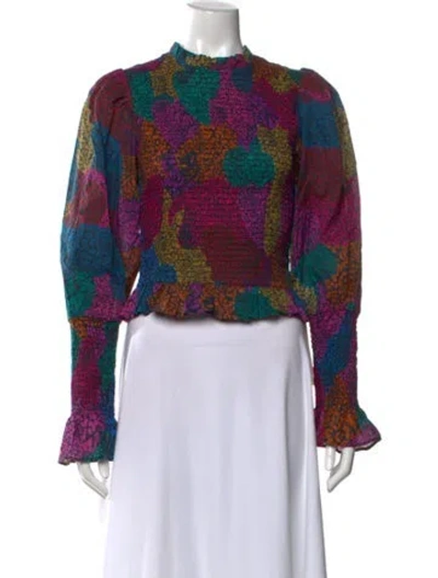 Pre-owned Farm Rio Patterned Mock Neck Blouse In Green