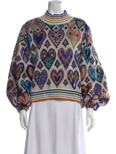 Pre-owned Farm Rio Patterned Mock Neck Sweater In Blue