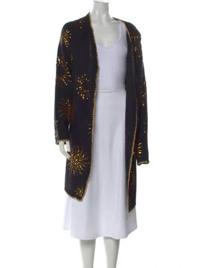 Pre-owned Farm Rio Patterned Open Front Sweater In Black