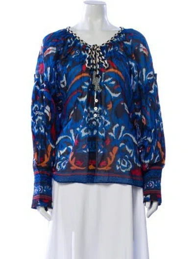 Pre-owned Farm Rio Patterned Tie Neck Blouse In Blue