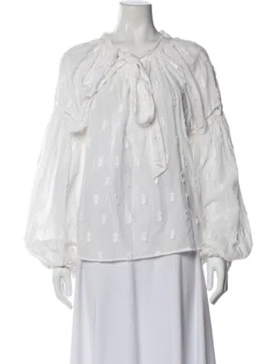 Pre-owned Farm Rio Patterned Tie Neck Blouse In White