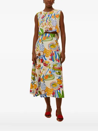 Farm Rio Womens Fresh Table Off-white Fresh Table Crop Linen-blend Top In Multi