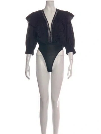 Pre-owned Farm Rio Patterned V-neck Bodysuit In Black