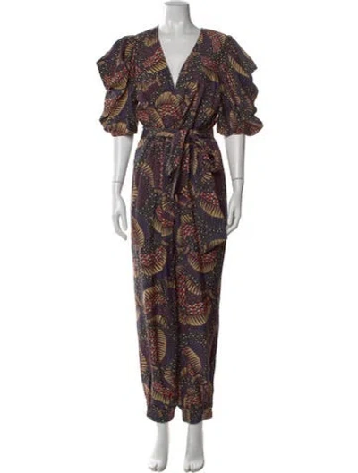Pre-owned Farm Rio Patterned V-neck Jumpsuit In Black