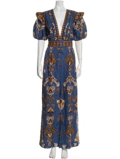 Pre-owned Farm Rio Patterned V-neck Jumpsuit In Blue
