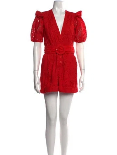 Pre-owned Farm Rio Patterned V-neck Romper In Red