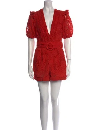 Pre-owned Farm Rio Patterned V-neck Romper In Red