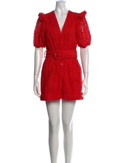 Pre-owned Farm Rio Patterned V-neck Romper In Red