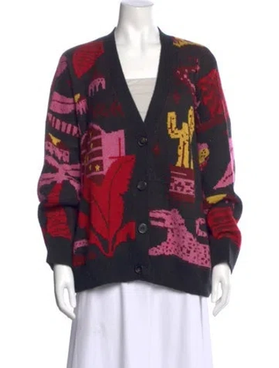 Pre-owned Farm Rio Patterned V-neck Sweater In Black