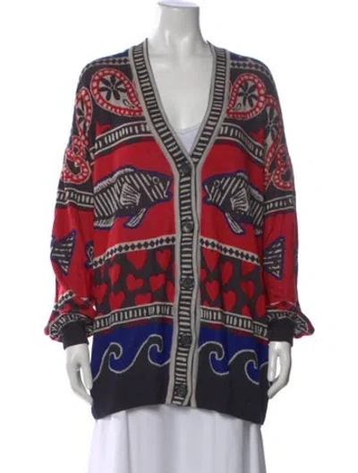 Pre-owned Farm Rio Patterned V-neck Sweater In Red
