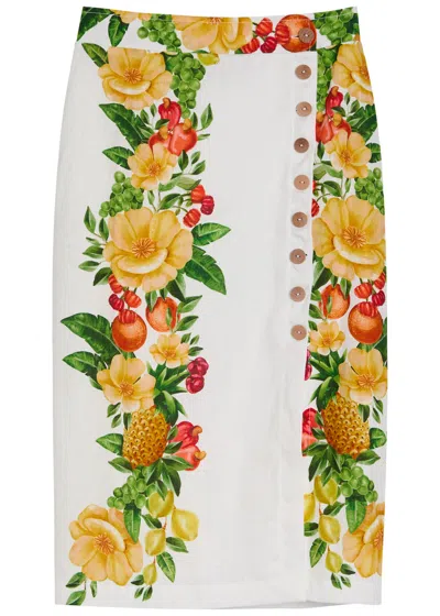 Farm Rio Picnic Flowers Printed Linen Midi Skirt In White